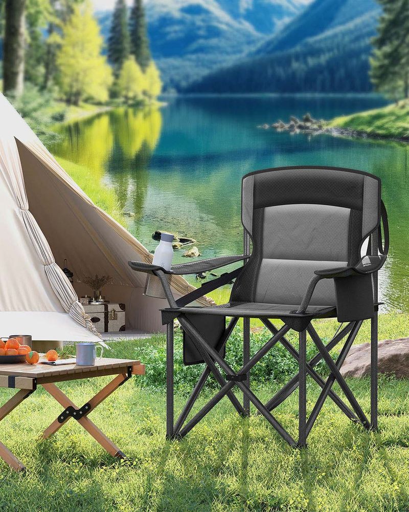 Kampeerstoel met Bekerhouder – 99,5 cm Hoog – Gevoerde Zitting – 205 kg Draagvermogen – Opvouwbaar – 63 x 95 cm