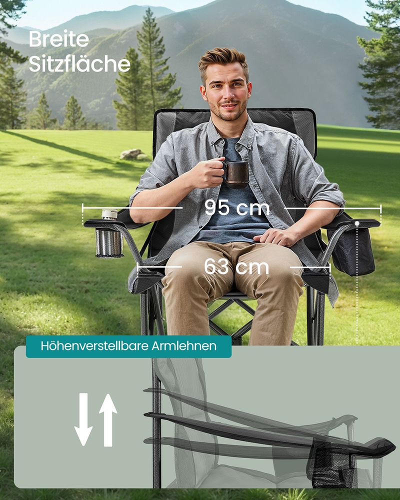Kampeerstoel met Bekerhouder – 99,5 cm Hoog – Gevoerde Zitting – 205 kg Draagvermogen – Opvouwbaar – 63 x 95 cm