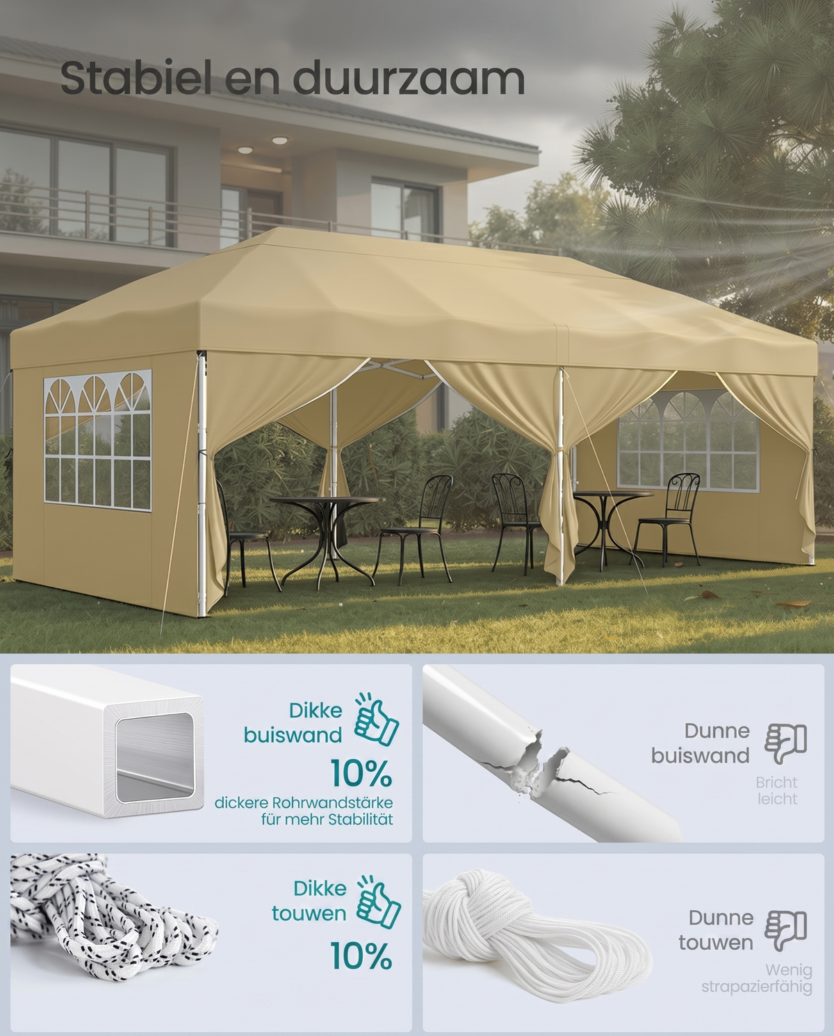 Partytent 3 x 6 m Met Zijwanden – Opvouwbaar Paviljoen – Tuinpaviljoen – Zonbescherming – Licht Regenbestendig – Draagbaar