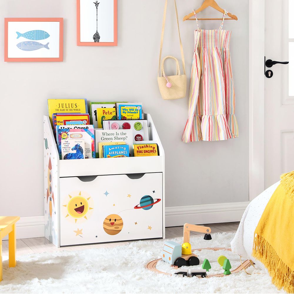 Kinderboekenkast met Speelgoedkist – Organizer met Ruimtethema – Met Wielen en Anti-Kantelbeveiliging – 62,5 cm Breed