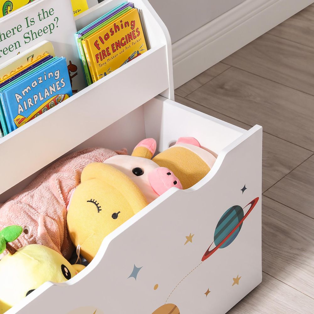 Kinderboekenkast met Speelgoedkist – Organizer met Ruimtethema – Met Wielen en Anti-Kantelbeveiliging – 62,5 cm Breed