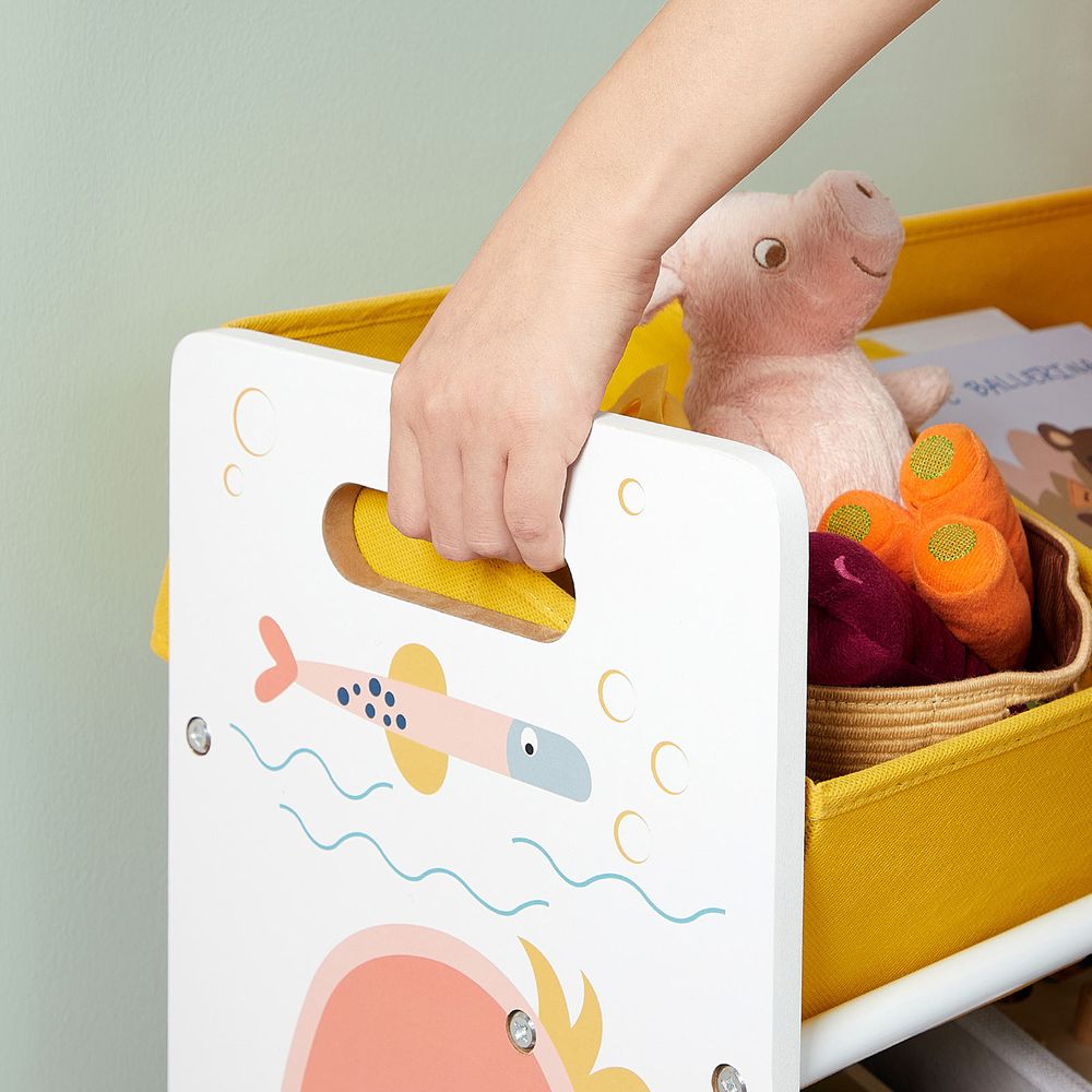 Speelgoedkast voor Kinderen – Met Zeedierenmotief – Inclusief 12 Stoffen Opbergvakken – 83 cm Breed – Met Anti-kantelbeveiliging