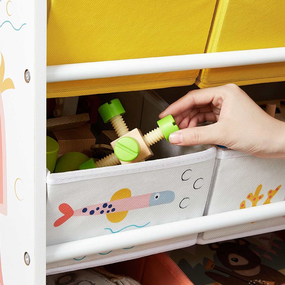 Speelgoedkast voor Kinderen – Met Zeedierenmotief – Inclusief 12 Stoffen Opbergvakken – 83 cm Breed – Met Anti-kantelbeveiliging