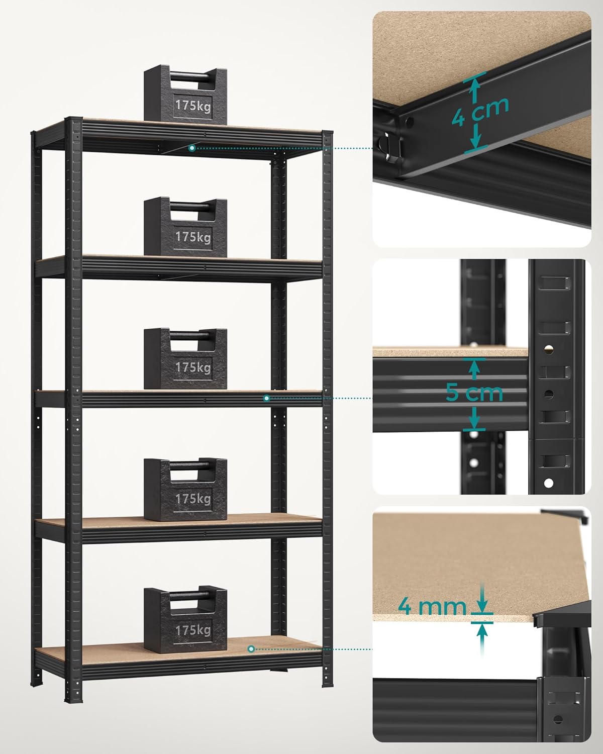 Set van 2 Stalen Opbergrekken – 5 Niveaus – 180 cm Hoog – 875 kg Draagvermogen per Rek – Verdeelbaar & In Hoogte Verstelbaar – Stellingkast