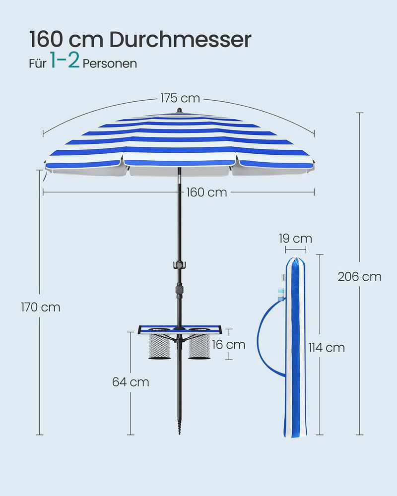 Strandparasol met Opbergruimte – Ø160 of 200 cm – Verstelbaar – UPF 50+ UV-bescherming – Inclusief Draagtasje