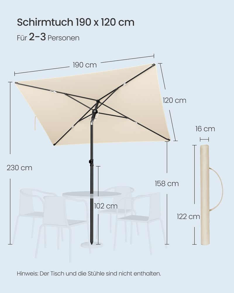 Rechthoekige Parasol – Kantelbaar 30° – UPF 50+ Zonbescherming – Met Draagtas – Voor Balkon, Tuin Of Strand