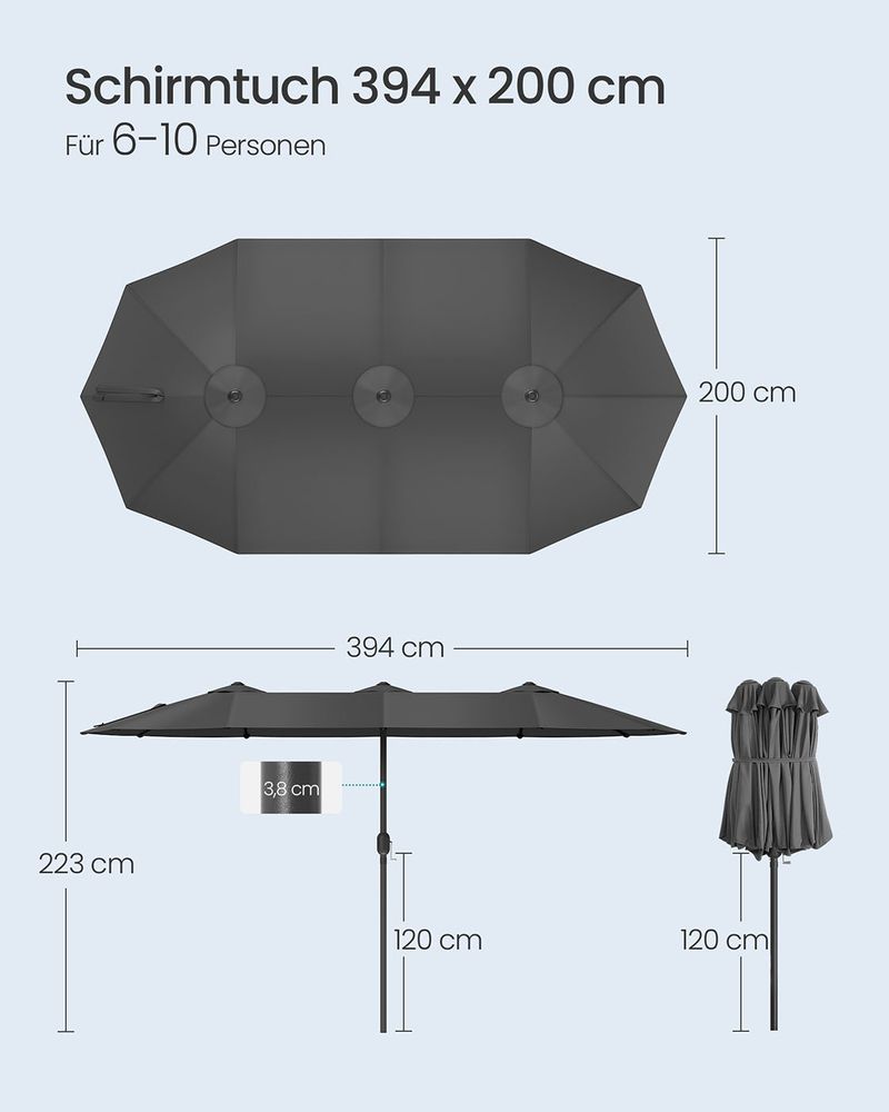 Dubbele Parasol 394 x 200 cm – UV-bescherming UPF 50+ – Met Kurkelslinger – Beige of Grijs