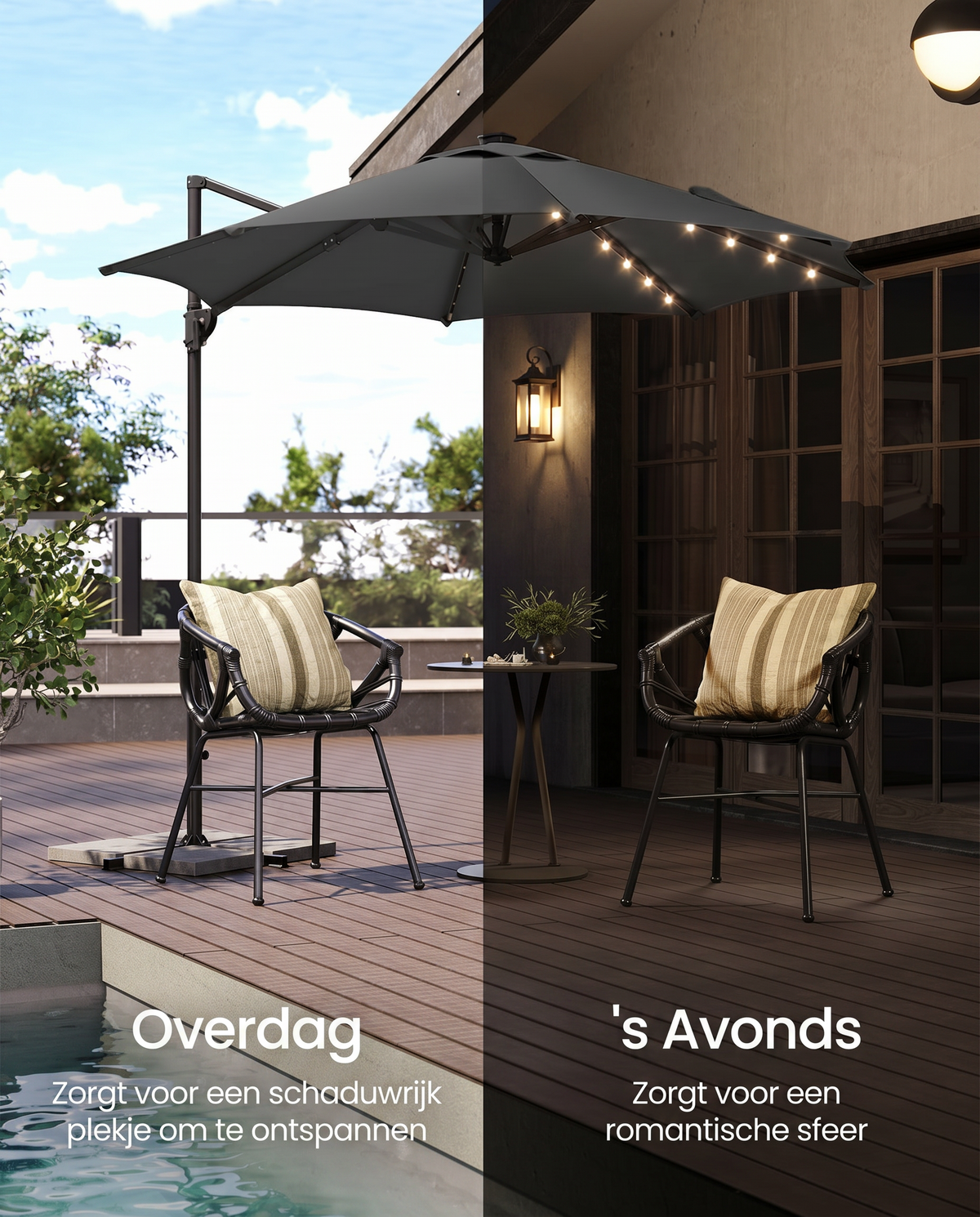 Zweefparasol 300 cm Met LED Solarverlichting – 360° Draaibaar – Traploos Kantelbaar – UPF 50+ – Met Zwengel En Kruisvoet