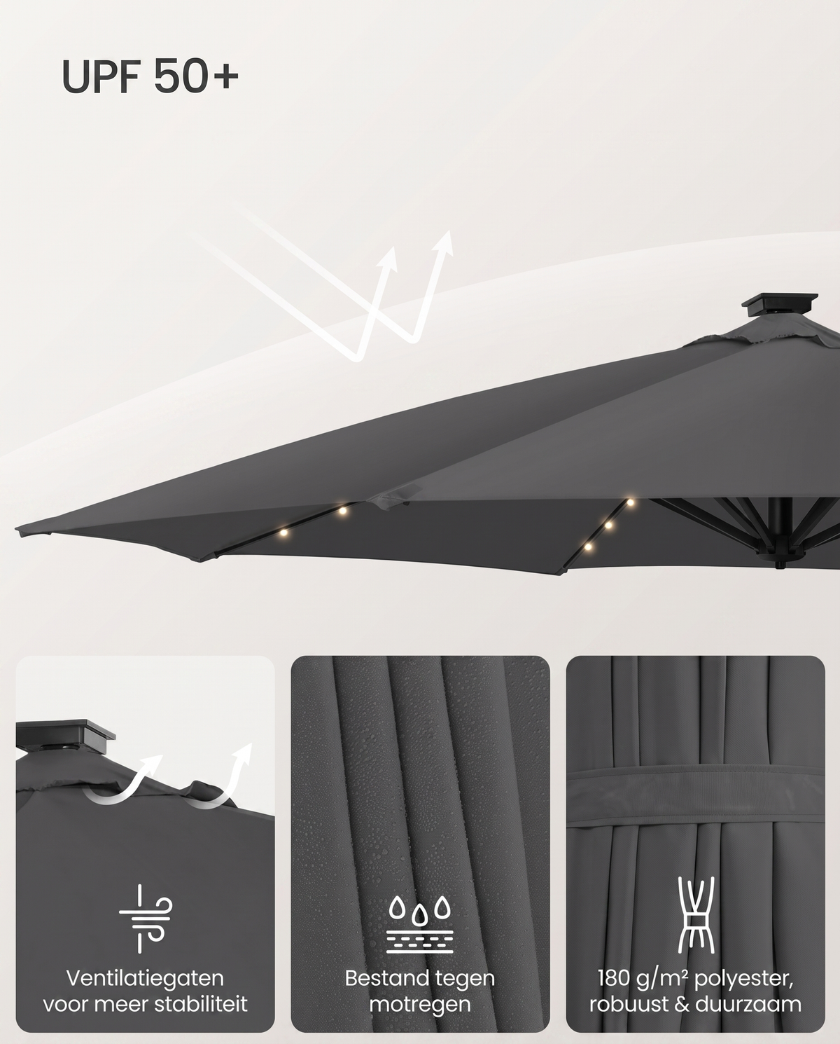 Zweefparasol 300 cm Met LED Solarverlichting – 360° Draaibaar – Traploos Kantelbaar – UPF 50+ – Met Zwengel En Kruisvoet