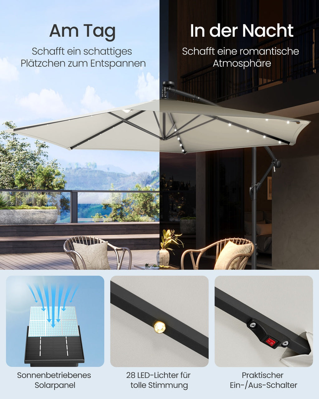 Grote Parasol 350cm - Met LED-Verlichting - Voor Terras En Tuin