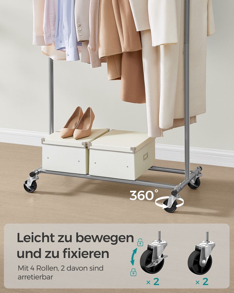 Uitschuifbaar Kledingrek met Wielen – Kledingstandaard tot 90 kg – Inklapbaar – Verchroomd Metaal – Voor Wasruimte, Slaapkamer of Balkon