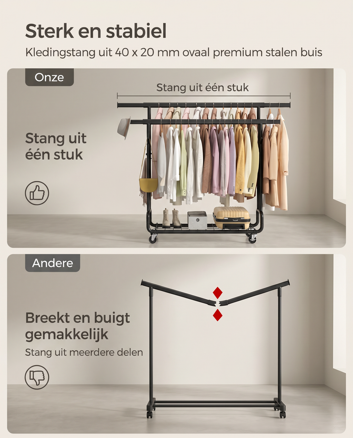 Verstelbaar Kledingrek Op Wielen – Dubbele Of Enkele Stang – Industriële Stijl – Draagkracht Tot 270 kg – Uitschuifbaar En Hoogteverstelbaar – Met S-Haken En Schoenenrek