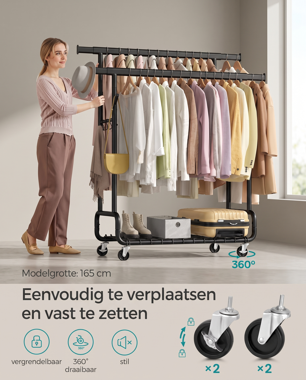 Verstelbaar Kledingrek Op Wielen – Dubbele Of Enkele Stang – Industriële Stijl – Draagkracht Tot 270 kg – Uitschuifbaar En Hoogteverstelbaar – Met S-Haken En Schoenenrek