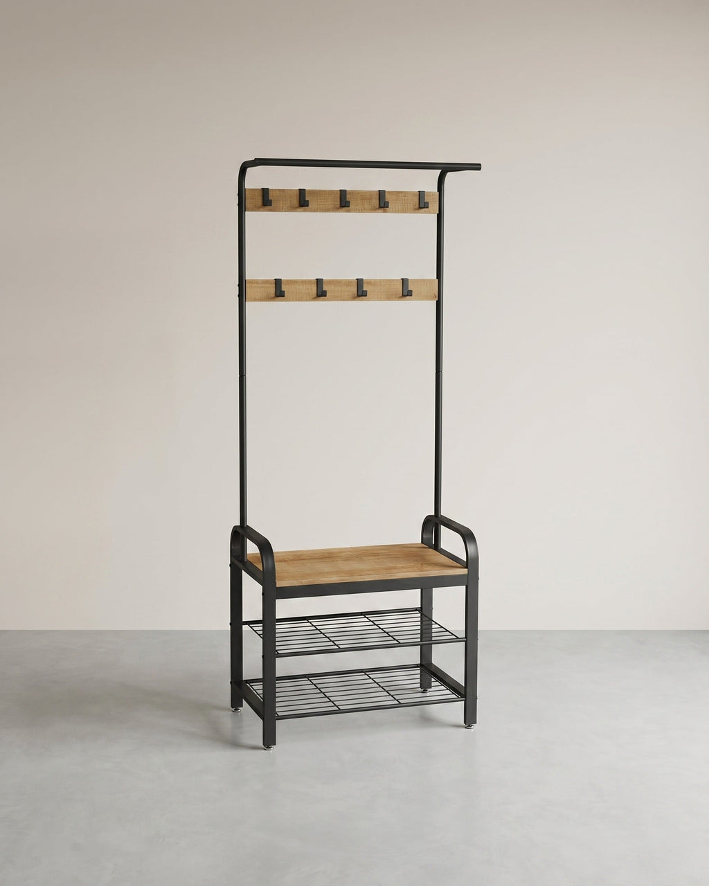 Kapstok met Schoenenrek & Zitbank – Industrieel Hout & Metaal – 9 Haken + Kledingroede – Halmeubel