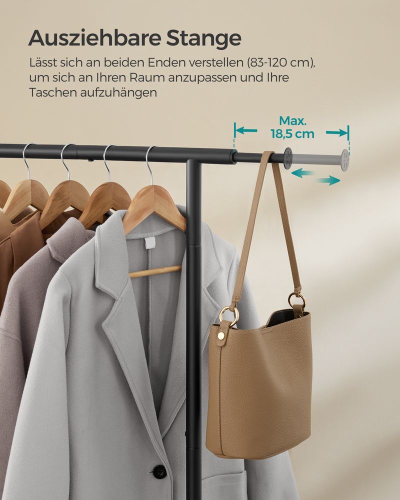 Uitschuifbaar Kledingrek op Wielen – Kledingstandaard 83-120 cm – Met Schoenenplank – 45 kg Draagvermogen
