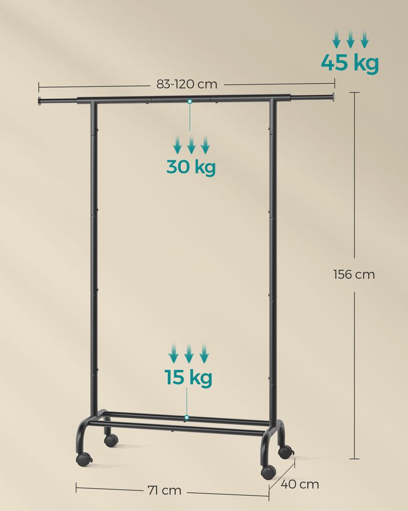 Uitschuifbaar Kledingrek op Wielen – Kledingstandaard 83-120 cm – Met Schoenenplank – 45 kg Draagvermogen