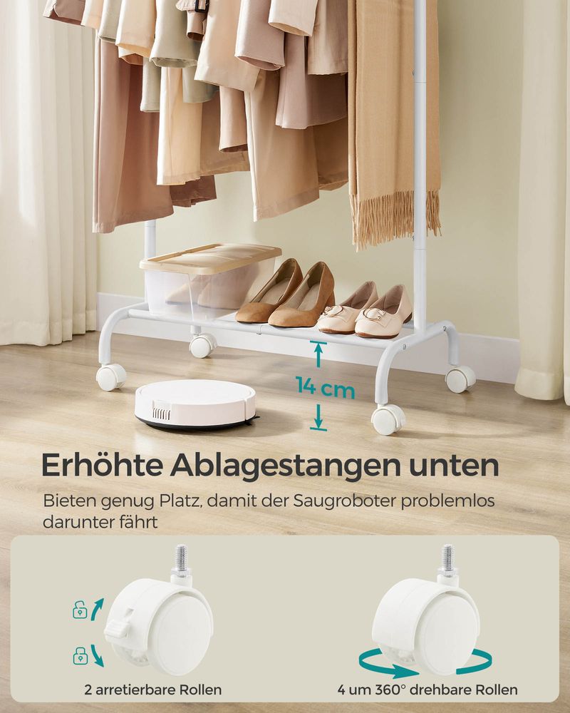 Uitschuifbaar Kledingrek op Wielen – Kledingstandaard 83-120 cm – Met Schoenenplank – 45 kg Draagvermogen