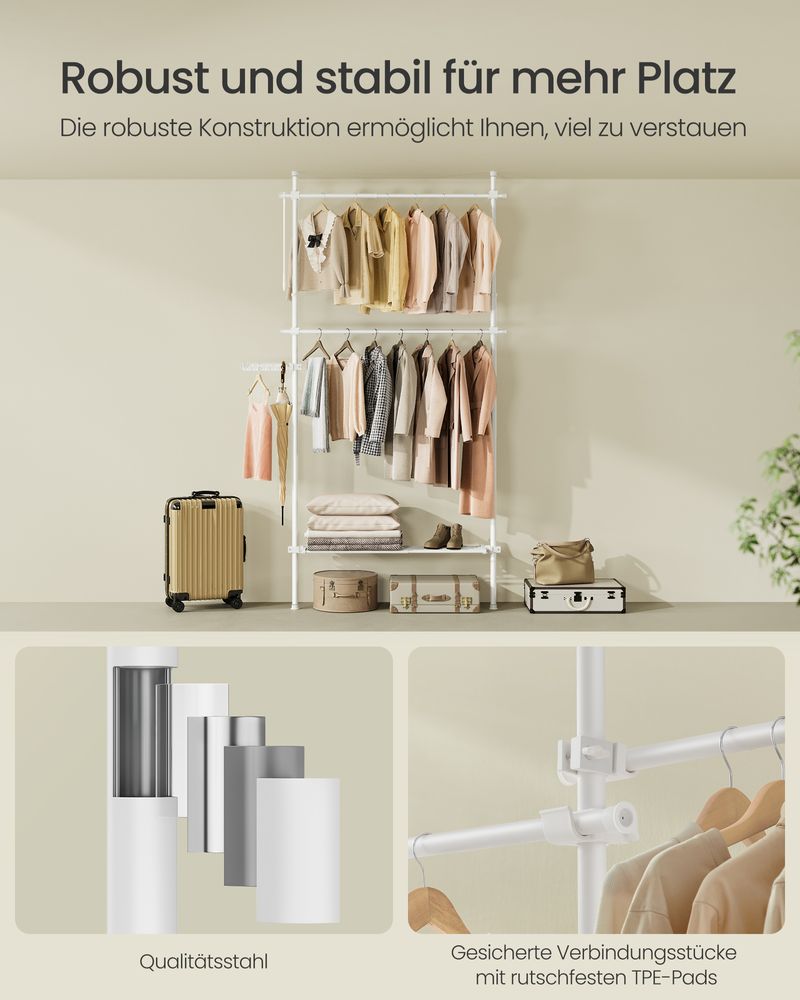 Uitschuifbare Kledingstandaard – Verstelbare Garderobe met Dubbele Kledingstang en Opbergplank