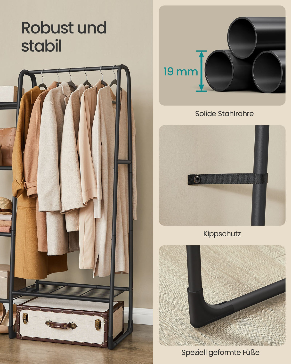 Kledingrek – 5 planken – Stalen frame – Maximale draagkracht 70 kg – 40 x 101,7 x 153,3 cm