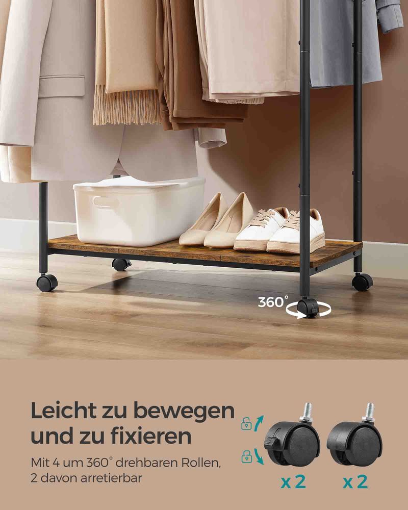Dubbel Kledingrek op Wielen – Industrieel Kledingrek met Schoenenplank – 100 kg Draagvermogen