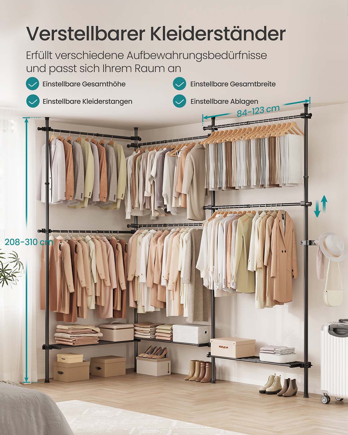 Kledingrek – Uitschuifbaar – 6 Stangen – 3 Planken – Staal – Max. belasting 137,5 kg