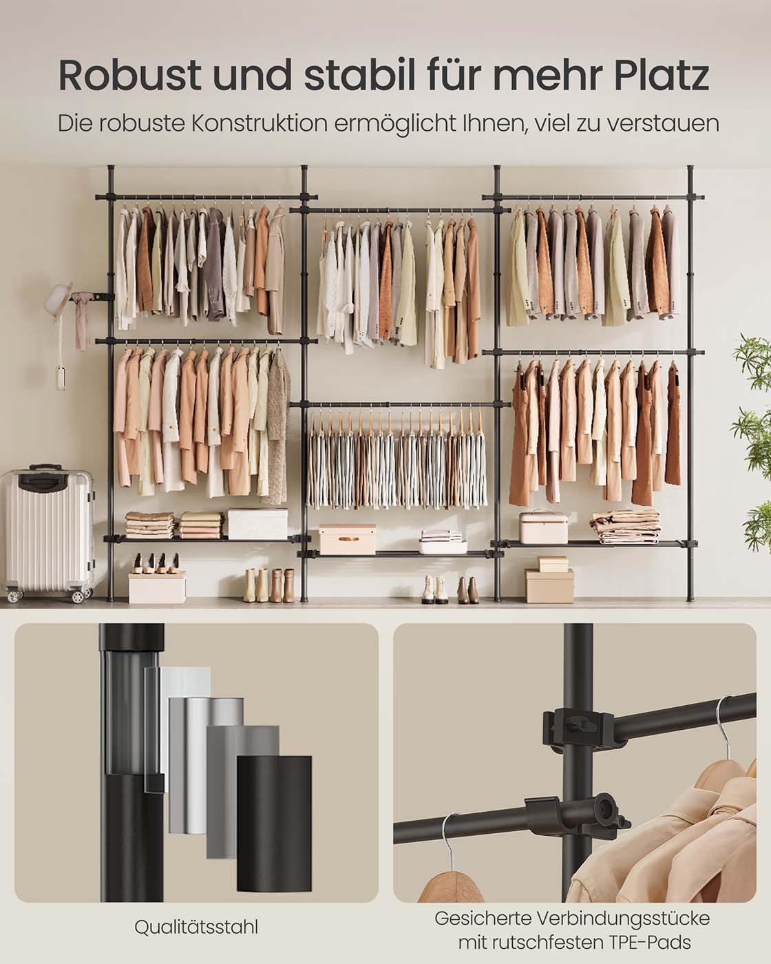 Kledingrek – Uitschuifbaar – 6 Stangen – 3 Planken – Staal – Max. belasting 137,5 kg
