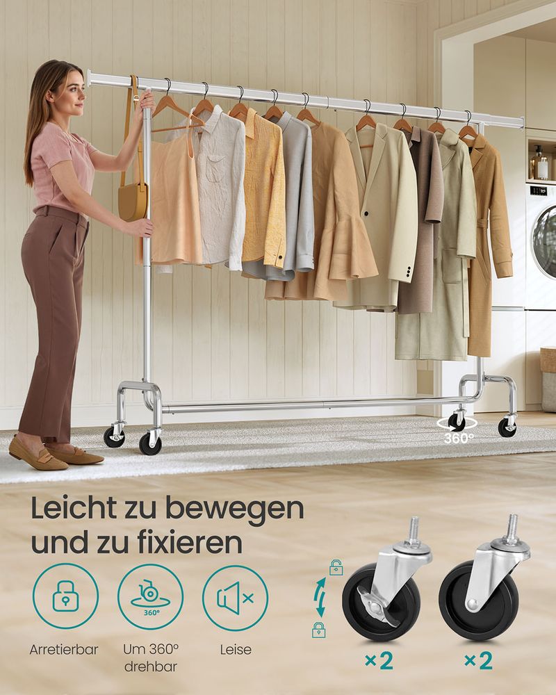 Uitschuifbaar Kledingrek op Wielen – Verchroomd Staal – 160-200 cm Breed – Tot 110 kg Draagvermogen