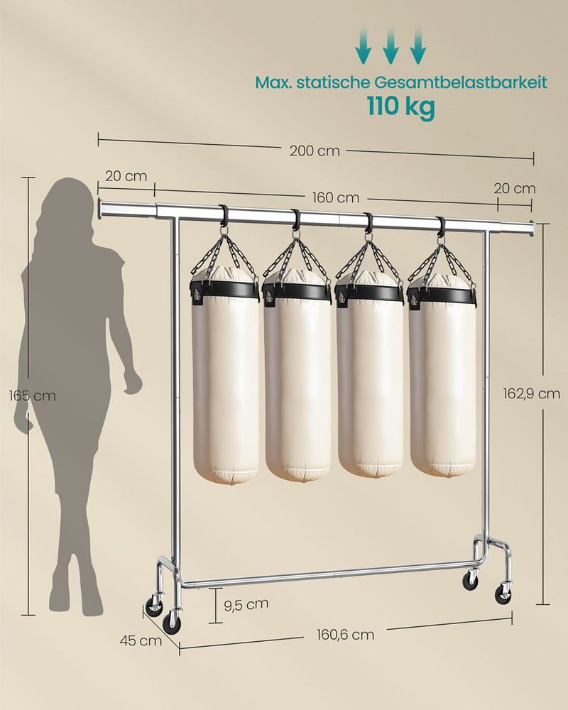 Uitschuifbaar Kledingrek op Wielen – Verchroomd Staal – 160-200 cm Breed – Tot 110 kg Draagvermogen