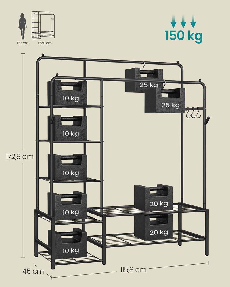 Open Kledingrek met 2 Kledingroedes en 7 Planken – Industriële Stijl – Metaal – Grote Capaciteit