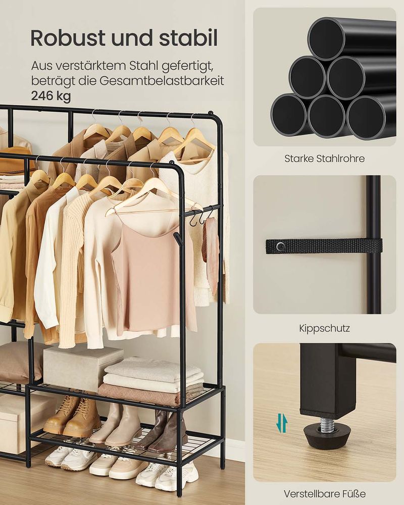 Open Kledingrek met 2 Kledingroedes en 7 Planken – Industriële Stijl – Metaal – Grote Capaciteit