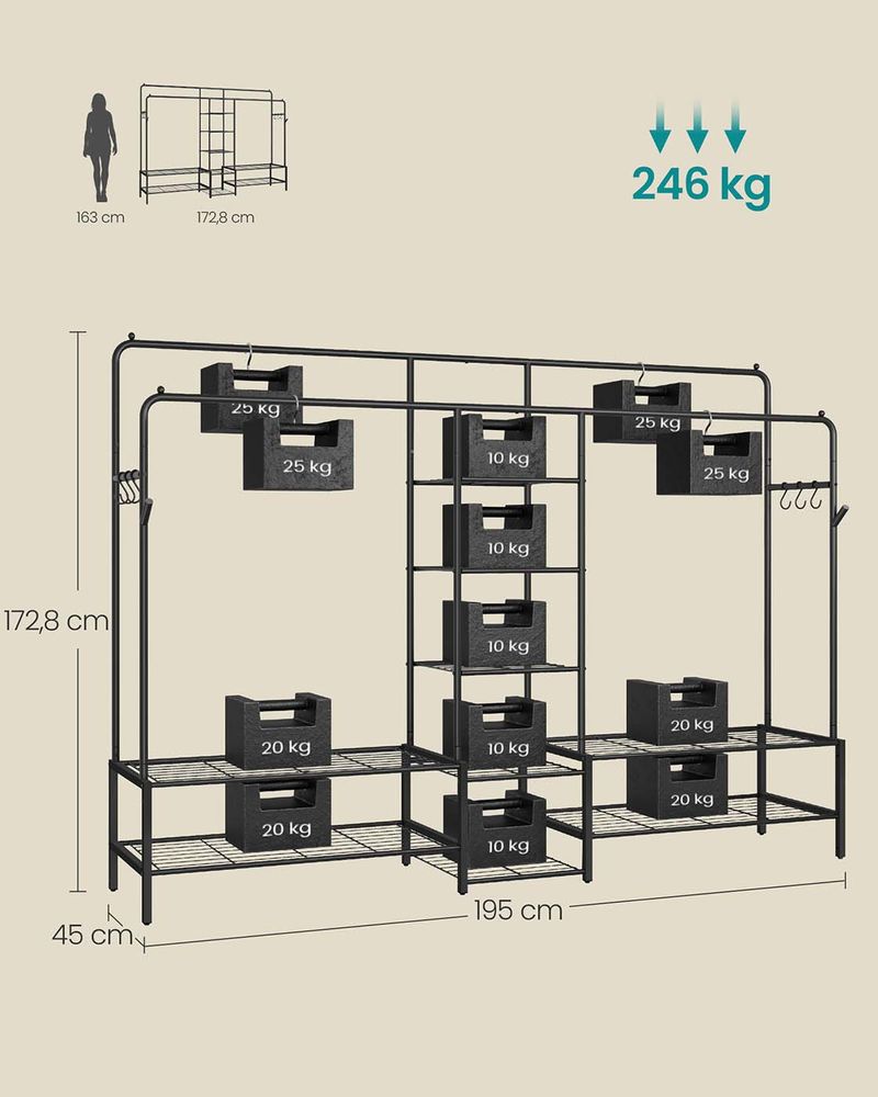 Open Kledingrek met 2 Kledingroedes en 7 Planken – Industriële Stijl – Metaal – Grote Capaciteit