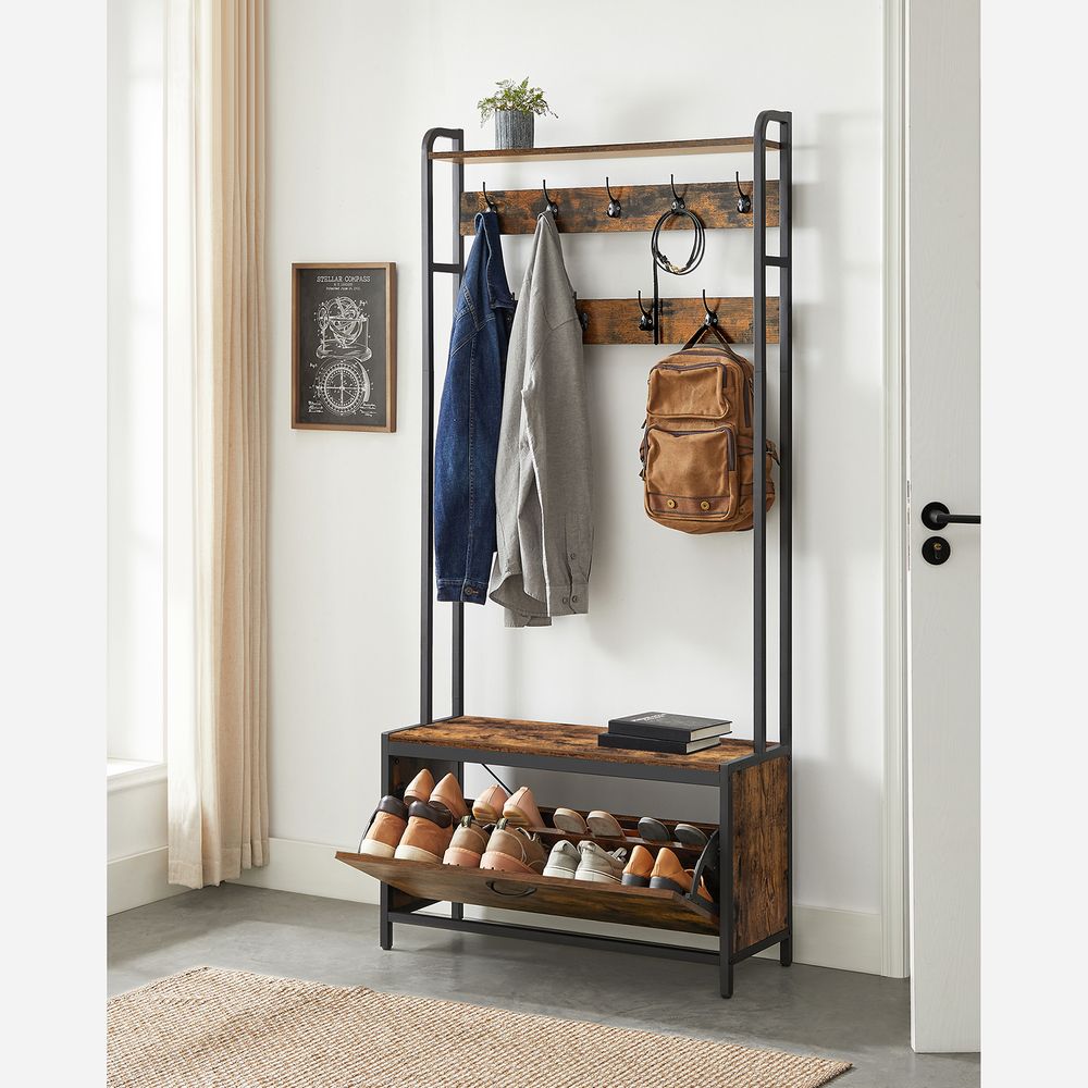 Kapstok met Bank & Schoenenkast – Industrieel Design – 4-in-1 Halmeubel 85 cm