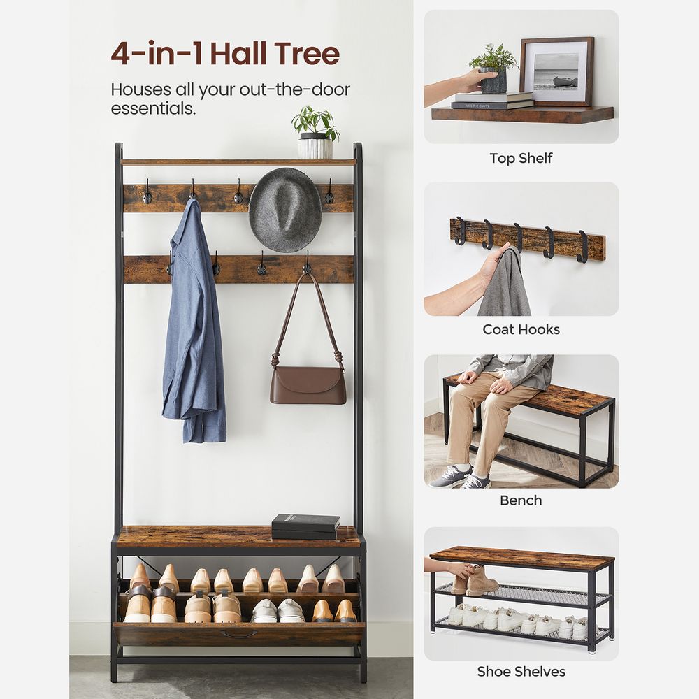 Kapstok met Bank & Schoenenkast – Industrieel Design – 4-in-1 Halmeubel 85 cm