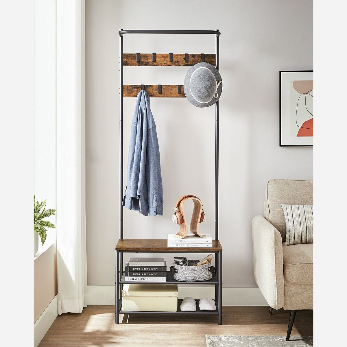 Kapstok met Bank – 3-in-1 Garderoberek – Opbergrekken & Haken – 32,2 x 64 x 180 cm