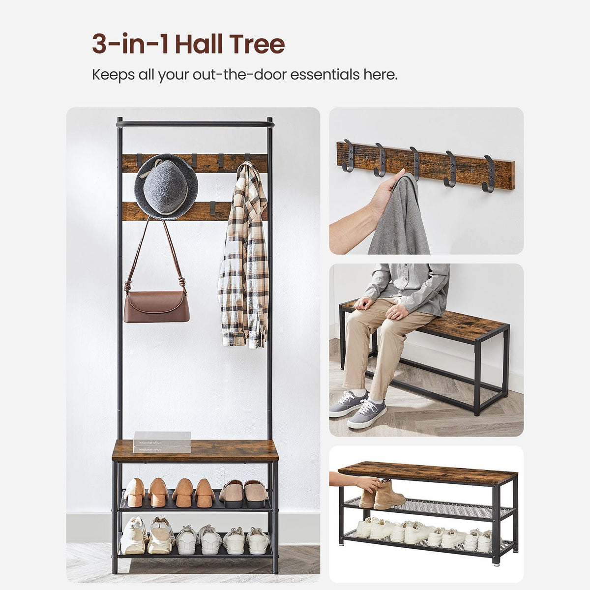 Kapstok met Bank – 3-in-1 Garderoberek – Opbergrekken & Haken – 32,2 x 64 x 180 cm