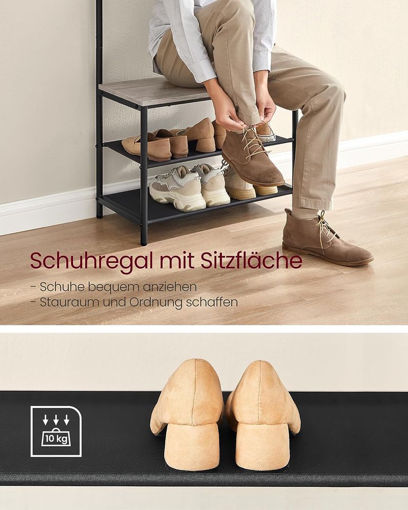 Kapstok met Bankje – 3-in-1 Kledingrek – 9 Haken, 2 Planken en Zitbank