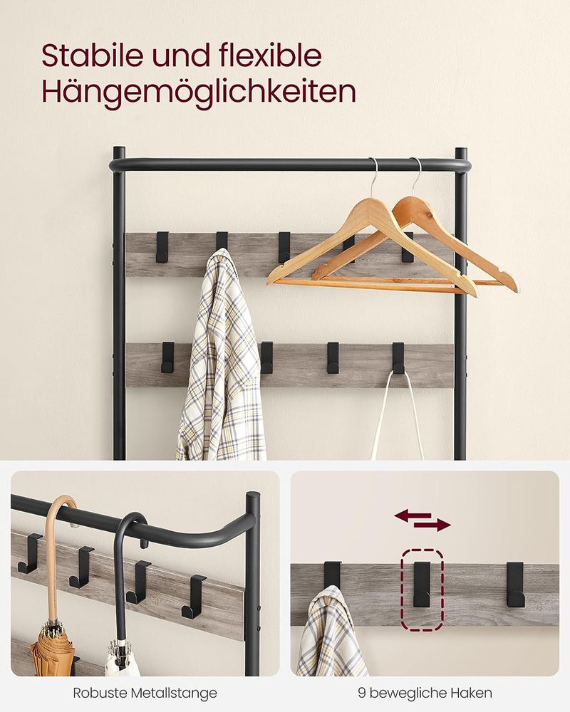 Kapstok met Bankje – 3-in-1 Kledingrek – 9 Haken, 2 Planken en Zitbank