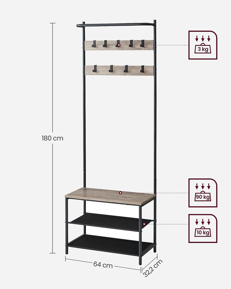Kapstok met Bankje – 3-in-1 Kledingrek – 9 Haken, 2 Planken en Zitbank