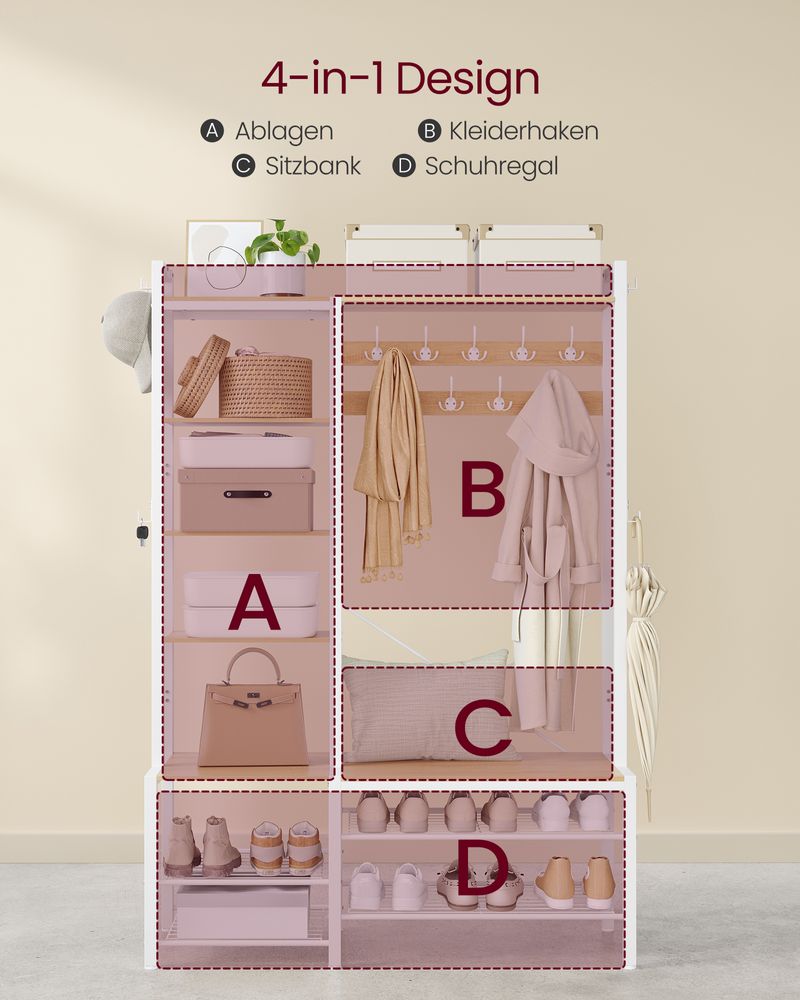 Kapstok met Bank en Schoenenrek – 4-in-1 Ontwerp – 9 Haken, 5 Planken en Opbergruimte