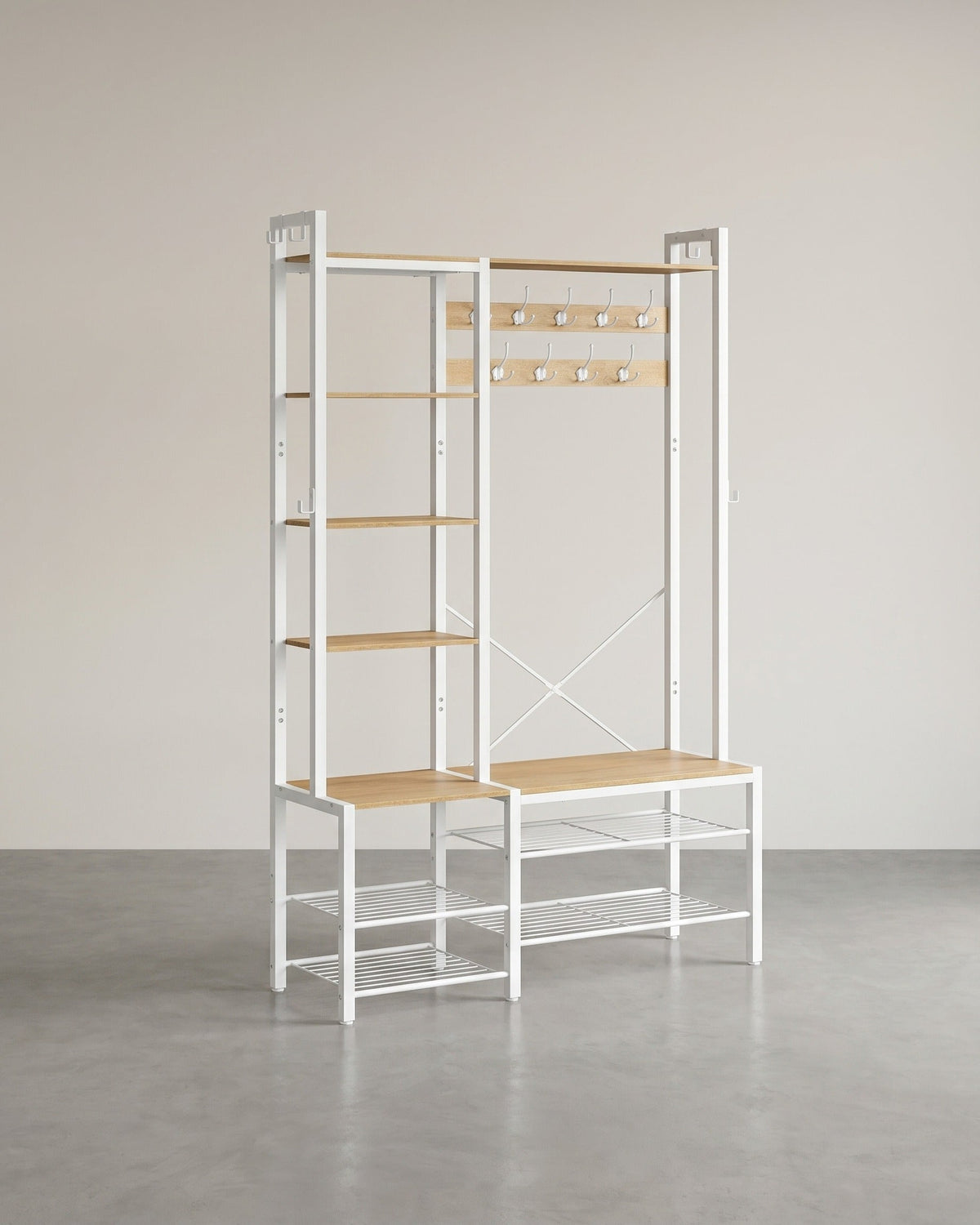 Kapstok met Bank en Schoenenrek – 4-in-1 Ontwerp – 9 Haken, 5 Planken en Opbergruimte