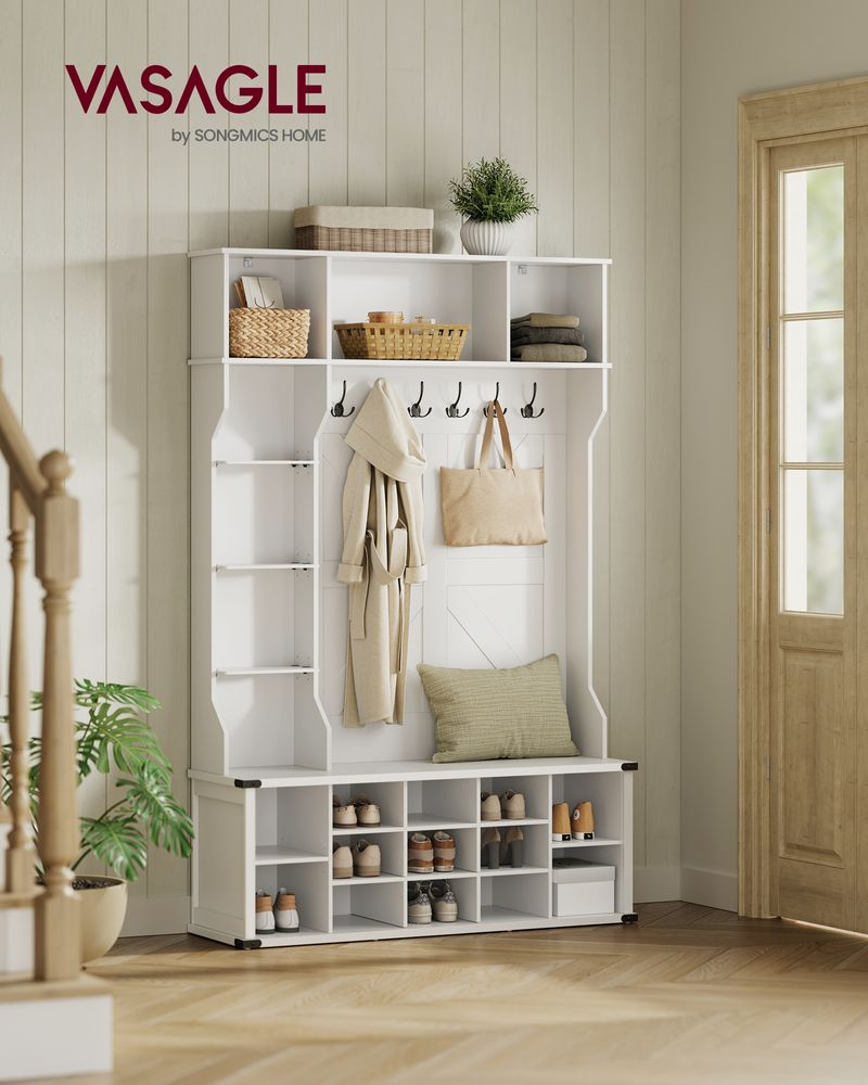 Kapstok met Schoenenrek – 4-in-1 Entree Meubel – Zitbank, Planken en Haken – 130 cm breed – Wit – Landelijke Stijl