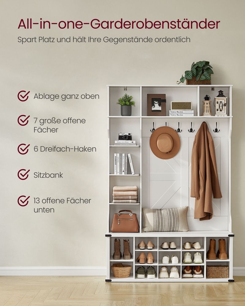 Kapstok met Schoenenrek – 4-in-1 Entree Meubel – Zitbank, Planken en Haken – 130 cm breed – Wit – Landelijke Stijl
