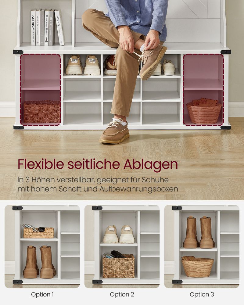 Kapstok met Schoenenrek – 4-in-1 Entree Meubel – Zitbank, Planken en Haken – 130 cm breed – Wit – Landelijke Stijl