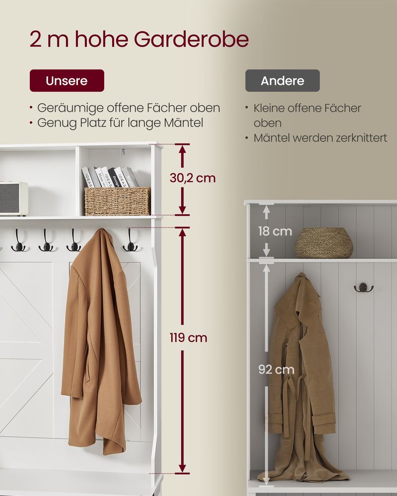 Kapstok met Schoenenrek – 4-in-1 Entree Meubel – Zitbank, Planken en Haken – 130 cm breed – Wit – Landelijke Stijl