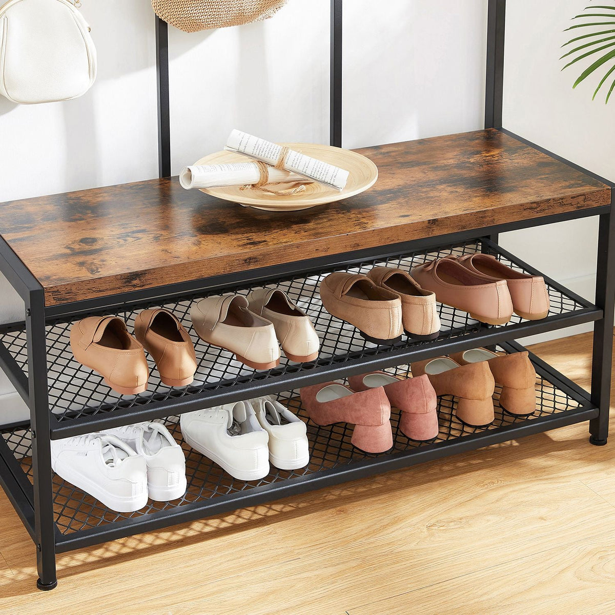 Kapstok met Schoenenrek en Zitbank – Industrieel Design – 100 cm Breed – Met 12 Haken