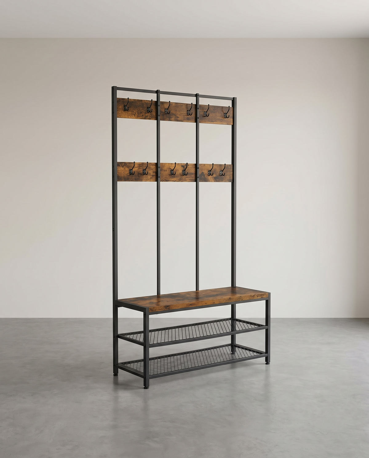 Kapstok met Schoenenrek en Zitbank – Industrieel Design – 100 cm Breed – Met 12 Haken
