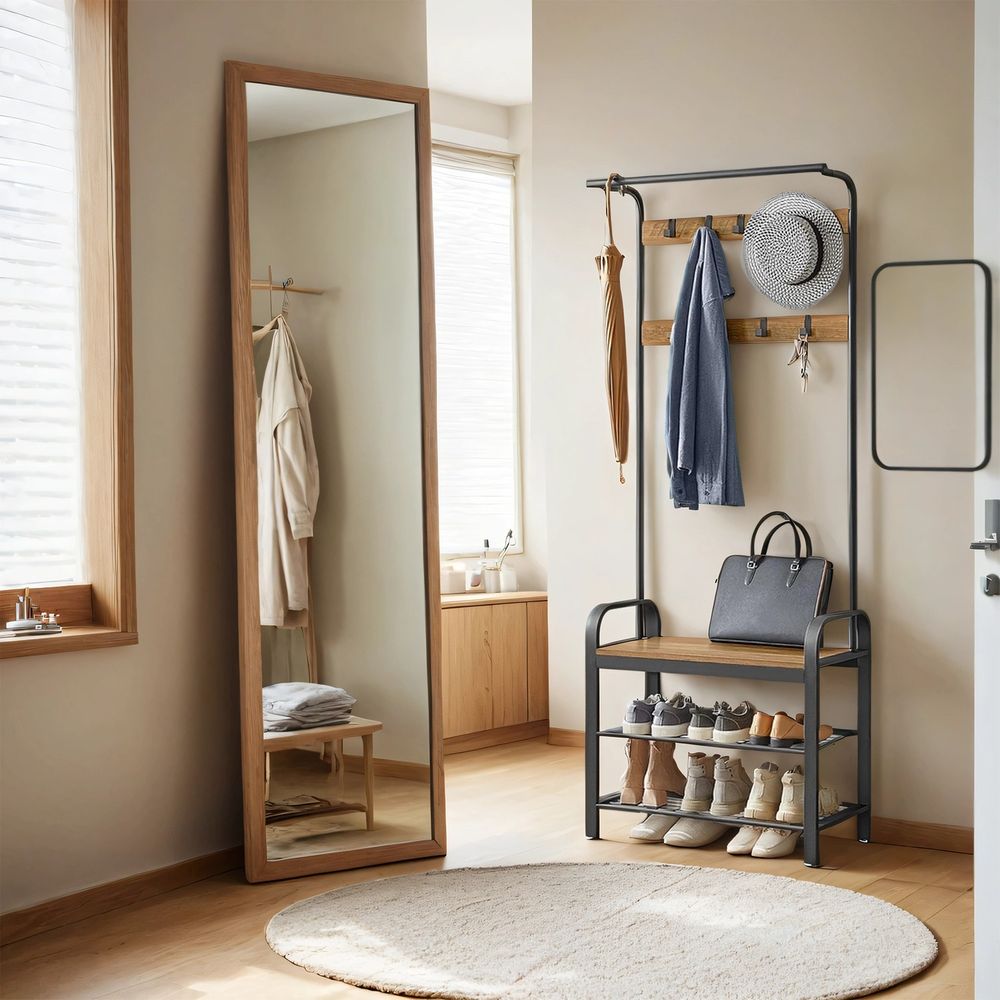 Garderoberek 4-in-1 – Kapstok + Kledingstang + Zitbank + Schoenenrek – Industrieel Staal & Hout – Halmeubel