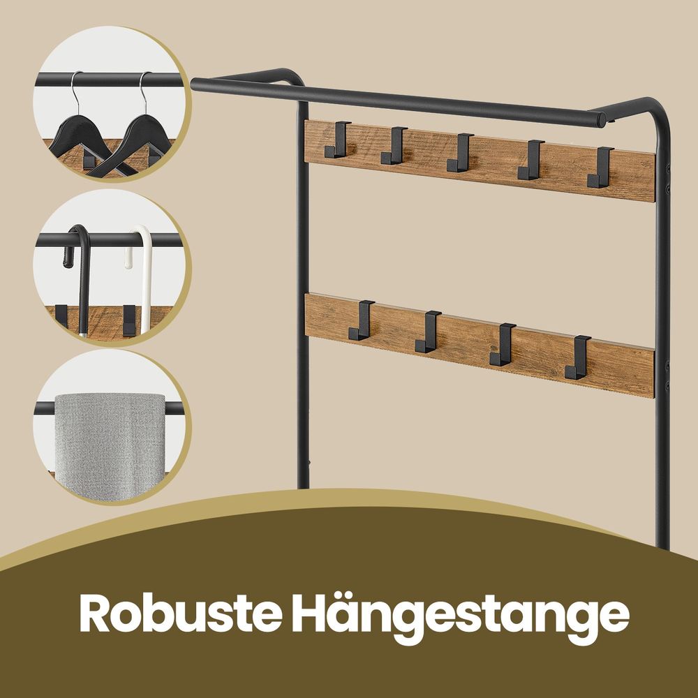 Garderoberek 4-in-1 – Kapstok + Kledingstang + Zitbank + Schoenenrek – Industrieel Staal & Hout – Halmeubel