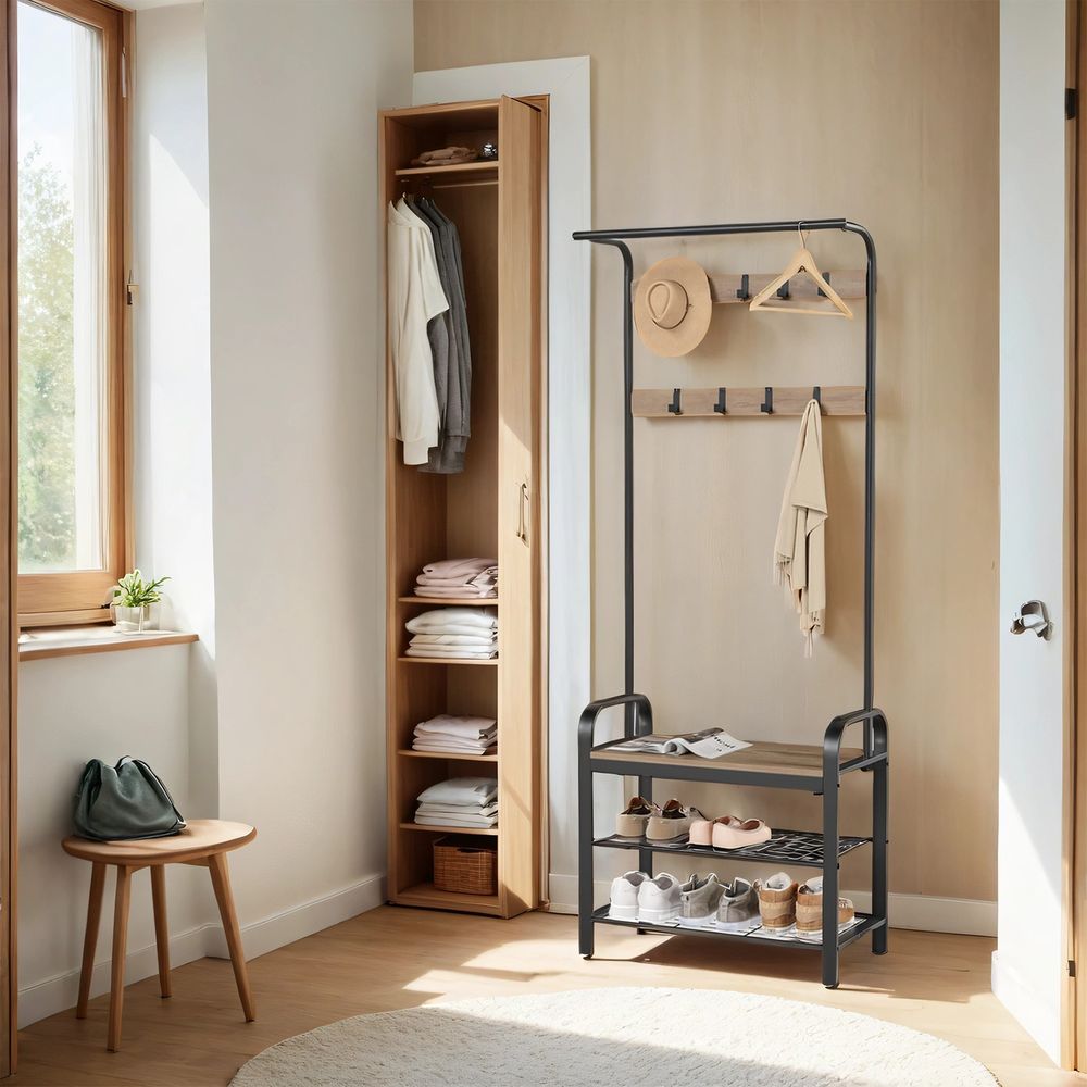 Garderoberek 4-in-1 – Kapstok + Kledingstang + Zitbank + Schoenenrek – Industrieel Staal & Hout – Halmeubel