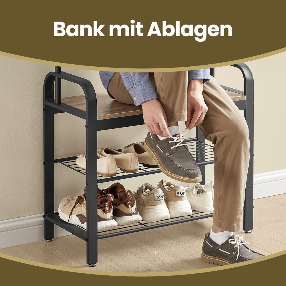 Garderoberek 4-in-1 – Kapstok + Kledingstang + Zitbank + Schoenenrek – Industrieel Staal & Hout – Halmeubel
